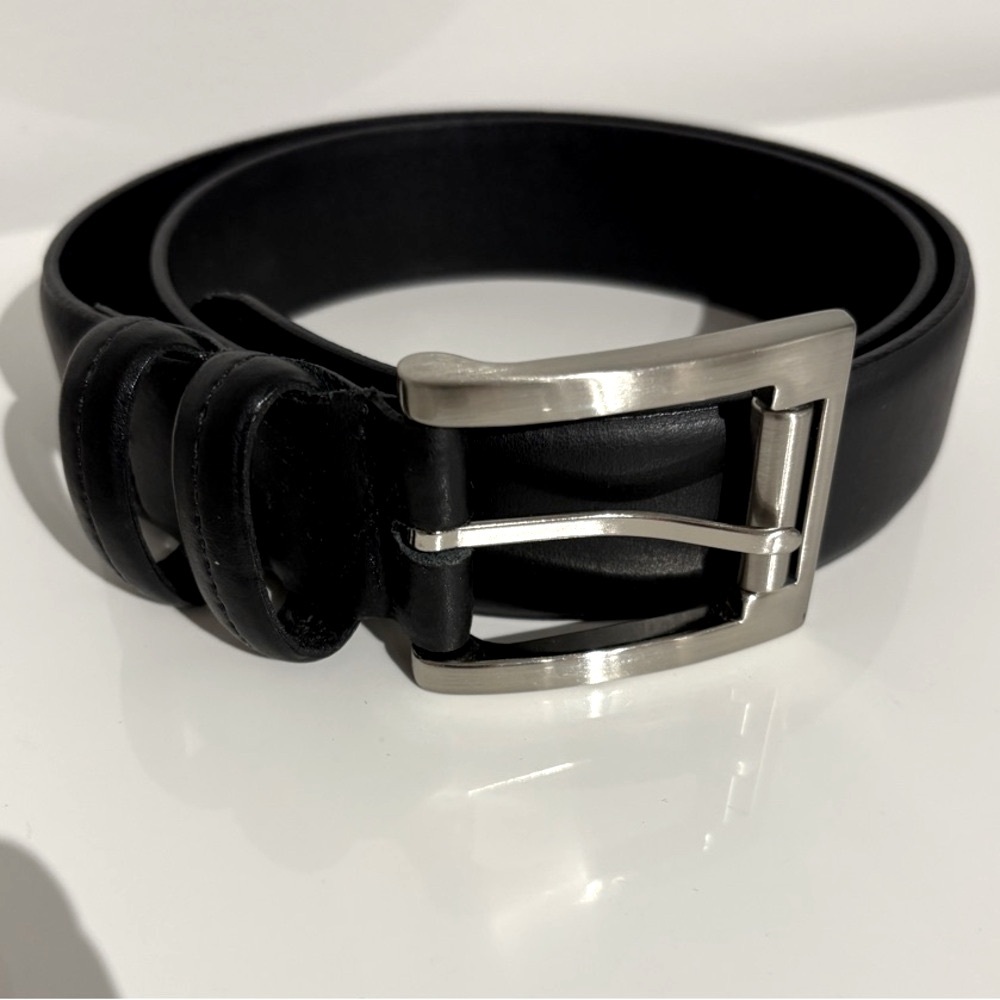 NWOT Classic Unisex Genuine Black Leather Brushed Stainless Buckle Belt